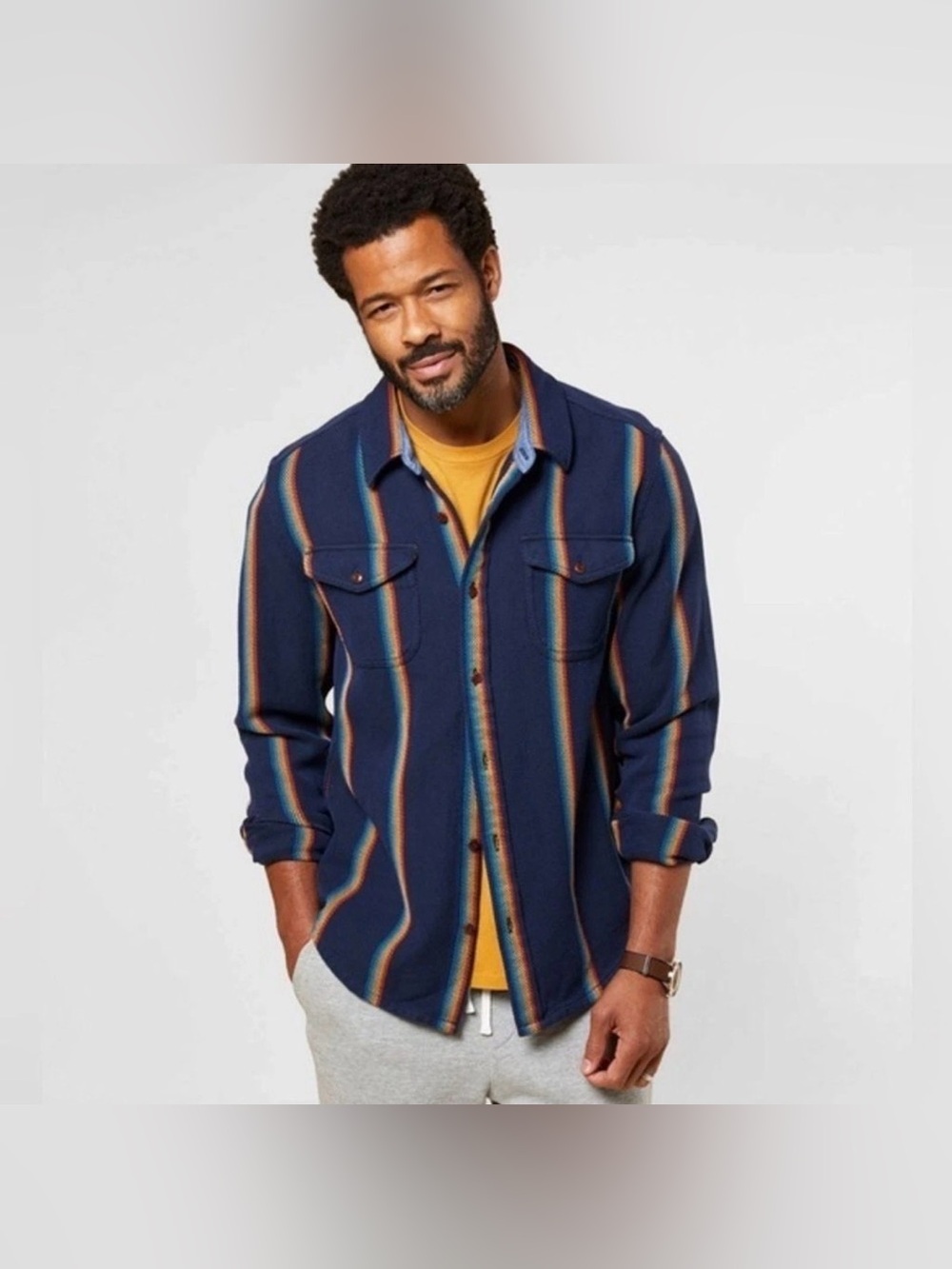 Outerknown Shirt Button Up Marine Rainbow Long Sleeve Large 100% Organic Cotton
